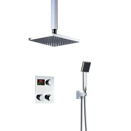 Contemporary Square Shower Head Thermostatic Digital Display Bathroom Handheld Shower