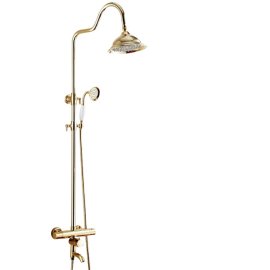 Juno Contemporary Thermostatic Gold Bathroom Faucet Shower with Hand-Held Shower