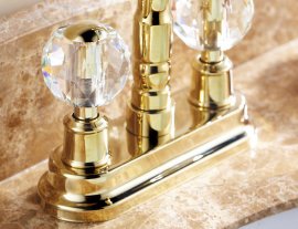 Crystal Dual Handle Long Neck Deck Mount Bathroom & Kitchen Faucet in Gold Faucet