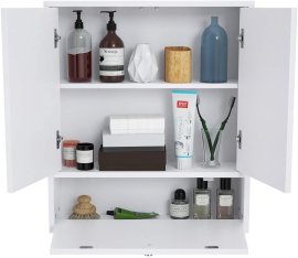 Double Door White Medicine Cabinet Wall Mount Mirrored Medicine Storage Cabinet
