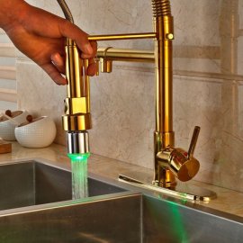 Juno Gold Finish LED Kitchen Faucet with Pullout Tap & Mixer