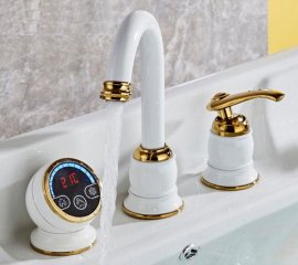 Gold & White Digital Water Temperature Display Deck Mount Bathroom Sink Faucet