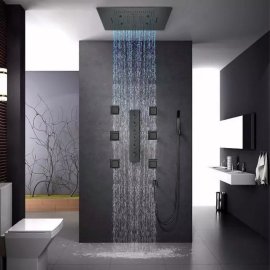 Juno Musical Rectangular Matte Black Ceiling Remote Control LED Shower Head