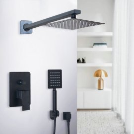 Juno Ultra-Thin Black Wall Mount LED Rainfall Shower Head With Handheld Shower Faucet