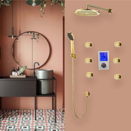 Gold Finish Thermostatic Digital Display shower system with hand shower Head Set