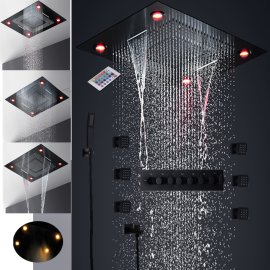 Juno 24 Inch 6 Functions LED Black Shower Set Head Set with Thermostatic Shower Faucet