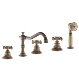 Juno Antique Brass Finish Triple Handle Bath Tub Faucet with Hand Shower Sprayer