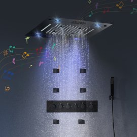 Juno Black 16 Inch Musical Ceiling Mount LED Luxury Shower Head with Body Jets