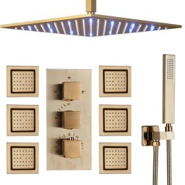 Juno Brushed Gold LED Rain Shower Head Square Thermostatic Shower Mixer