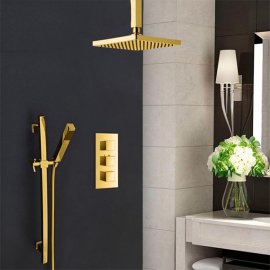 Juno Gold Plated Wall Mount Square Shower Head Set with Hand Shower