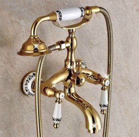 Juno Luxury Gold Finish ClawFoot Wall Mount Bathtub Faucet with Hand Held Shower Head