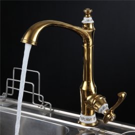 Juno Queen Long Neck Gold Deck Mount Single Handle Bathroom Faucet