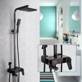 Juno Stylish Pure Black Rain Thermostatic LED Digital Display Mixer Shower System With Tub Spout & Handheld Shower