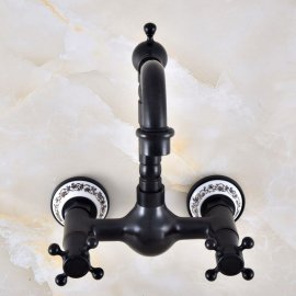 Juno Contemporary Black Brass Wall Mount Dual Cross Handles Kitchen Sink Faucet