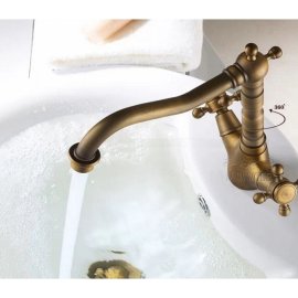New Antique Design Dual Handle Long Neck Brass Kitchen Faucet