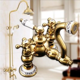 Juno Rainy Gold Waterfall Bathroom Faucet Shower & Hand-Held Shower