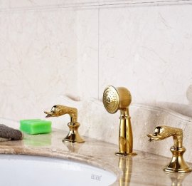 Trento Swan Dual Handle Gold Bathroom Sink Pull Out Shower Faucet
