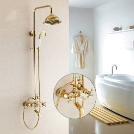 Wall Mount Dual Handle Gold Bathroom Shower with Hand-Held Shower