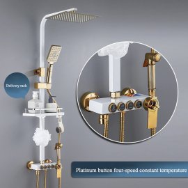 Juno White & Gold Finish Digital Display Thermostatic Shower Set With Four Shower Gear Booster Nozzle