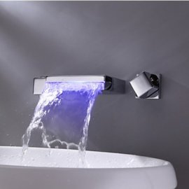 Wall Mount Square Dual Handle LED Bathroom Bath Sink Waterfall Faucet